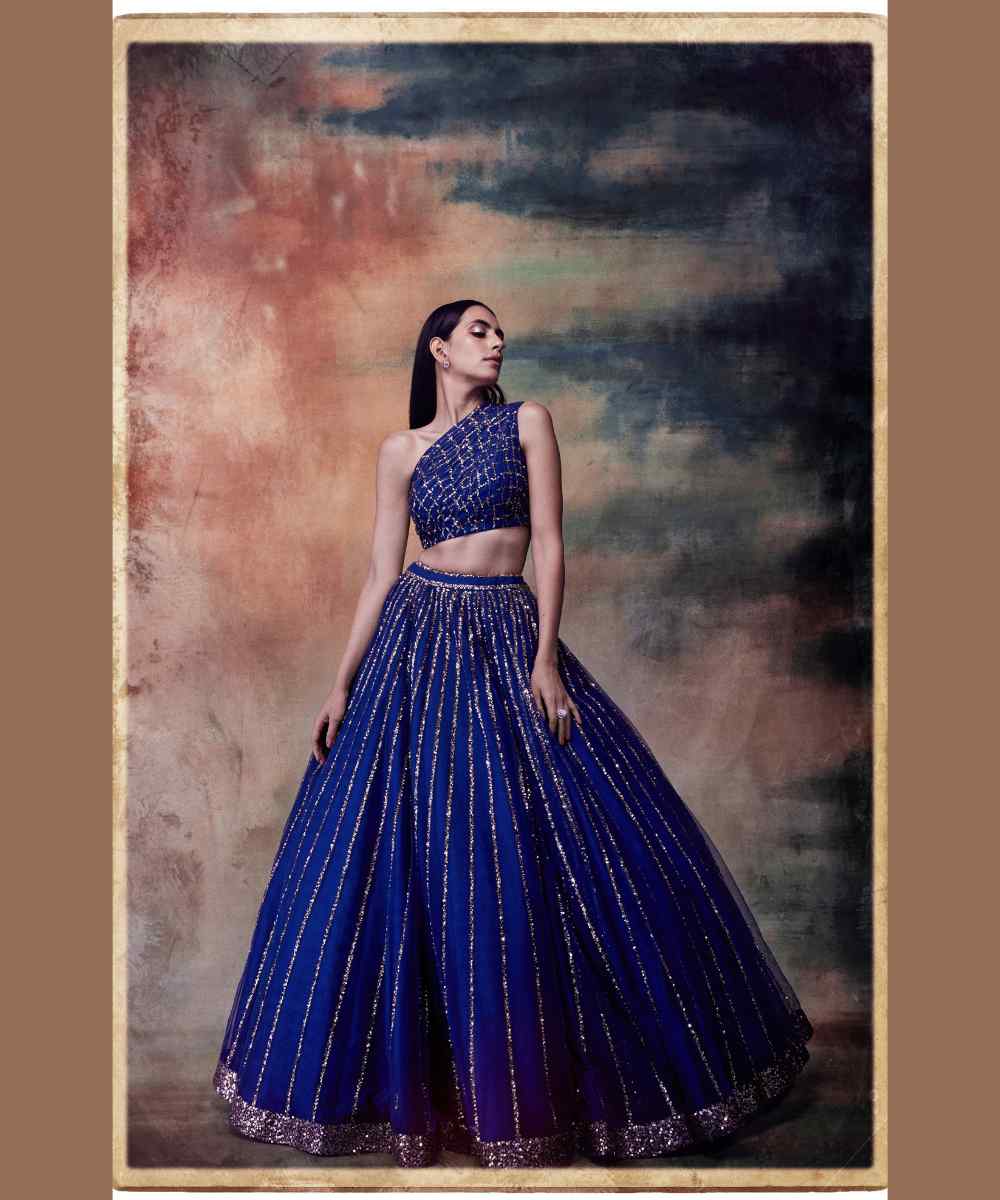 Midnight blue one shoulder crop top skirt set