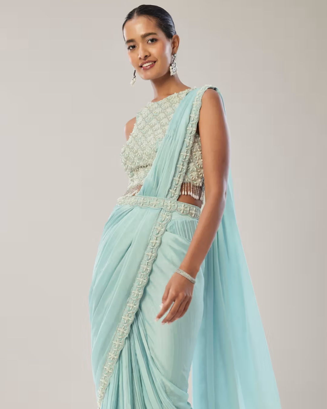 Kalki - Sky Blue Ready Pleated Saree With Belt