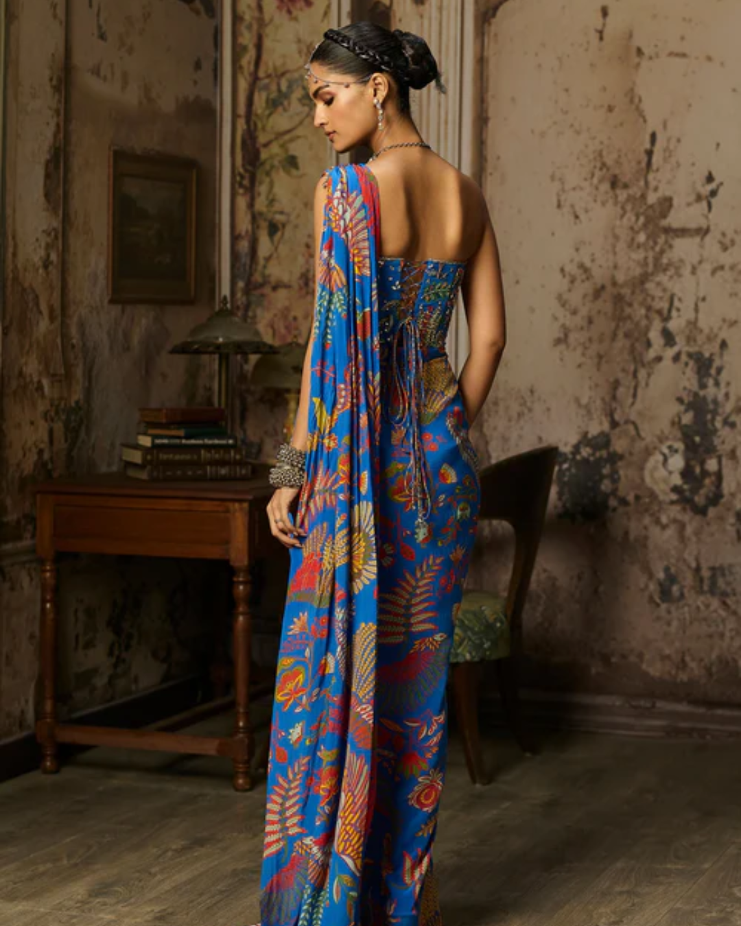 Diya Rajvvir - Electric Blue Printed And Highlighted Corset Dhoti Skirt Saree Set from Bahaar