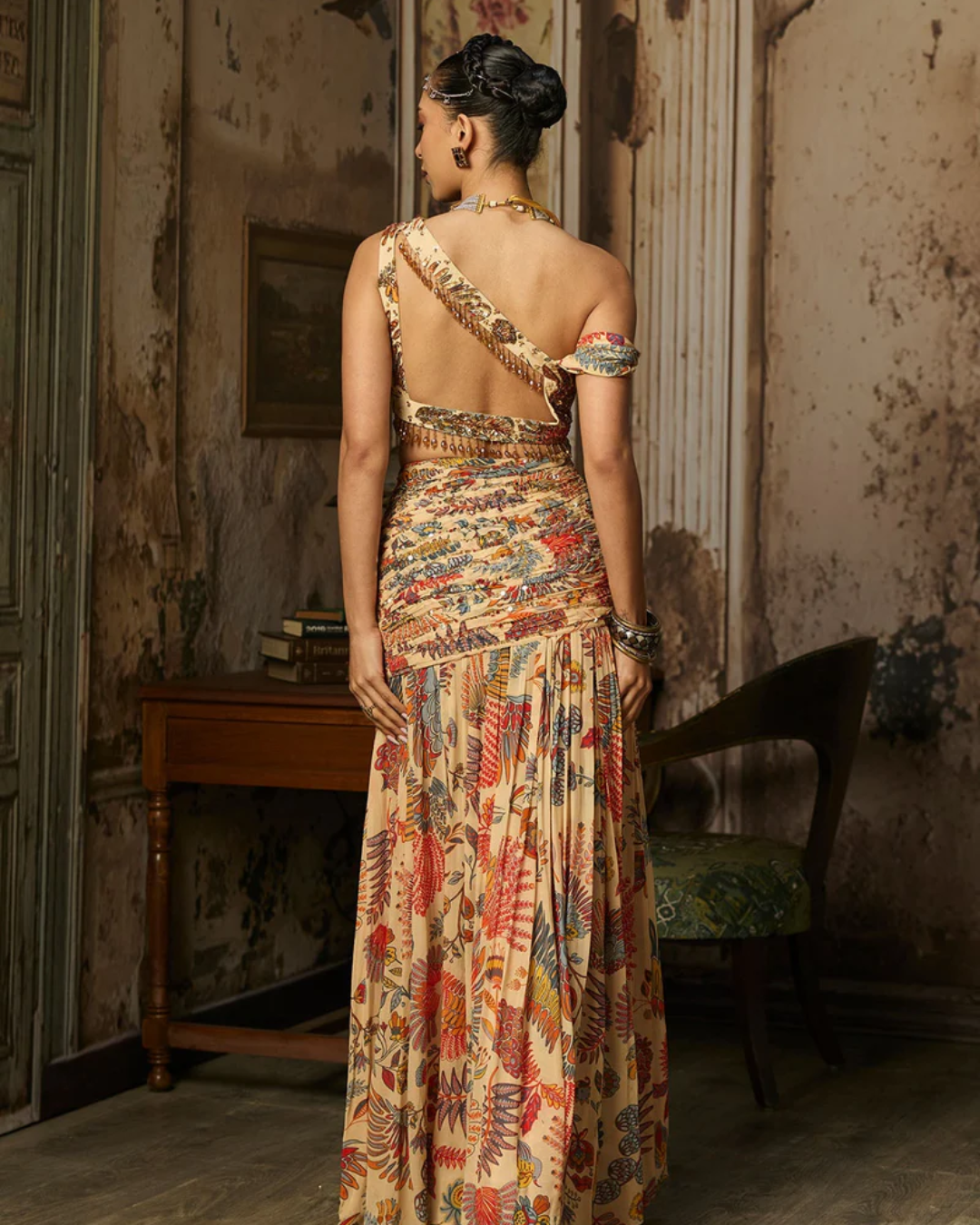 Diya Rajvvir -    Beige Printed And Highlighted Blouse With Skirt Set from Bahaar