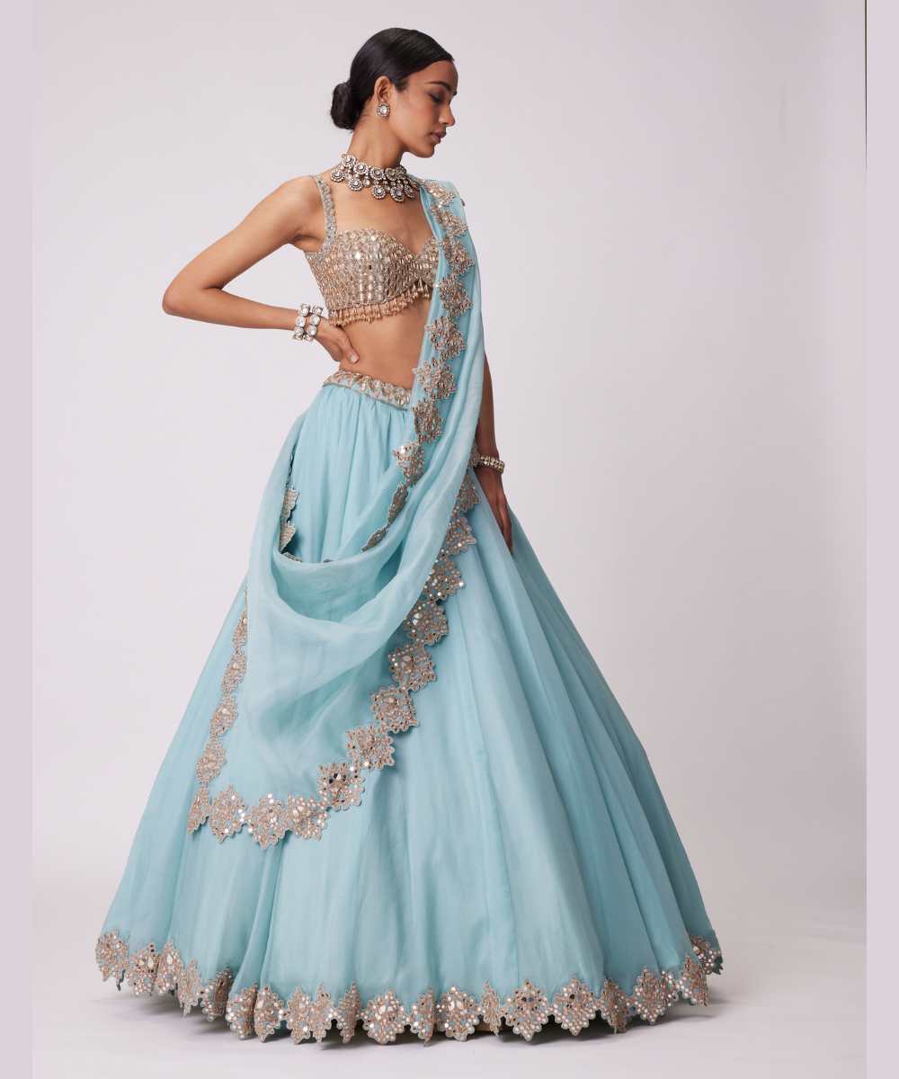 POWDER BLUE ORGANZA HAND EMBROIDERED LEHENGA SET -  Collection name Jugmug Bride by Vvani Vats