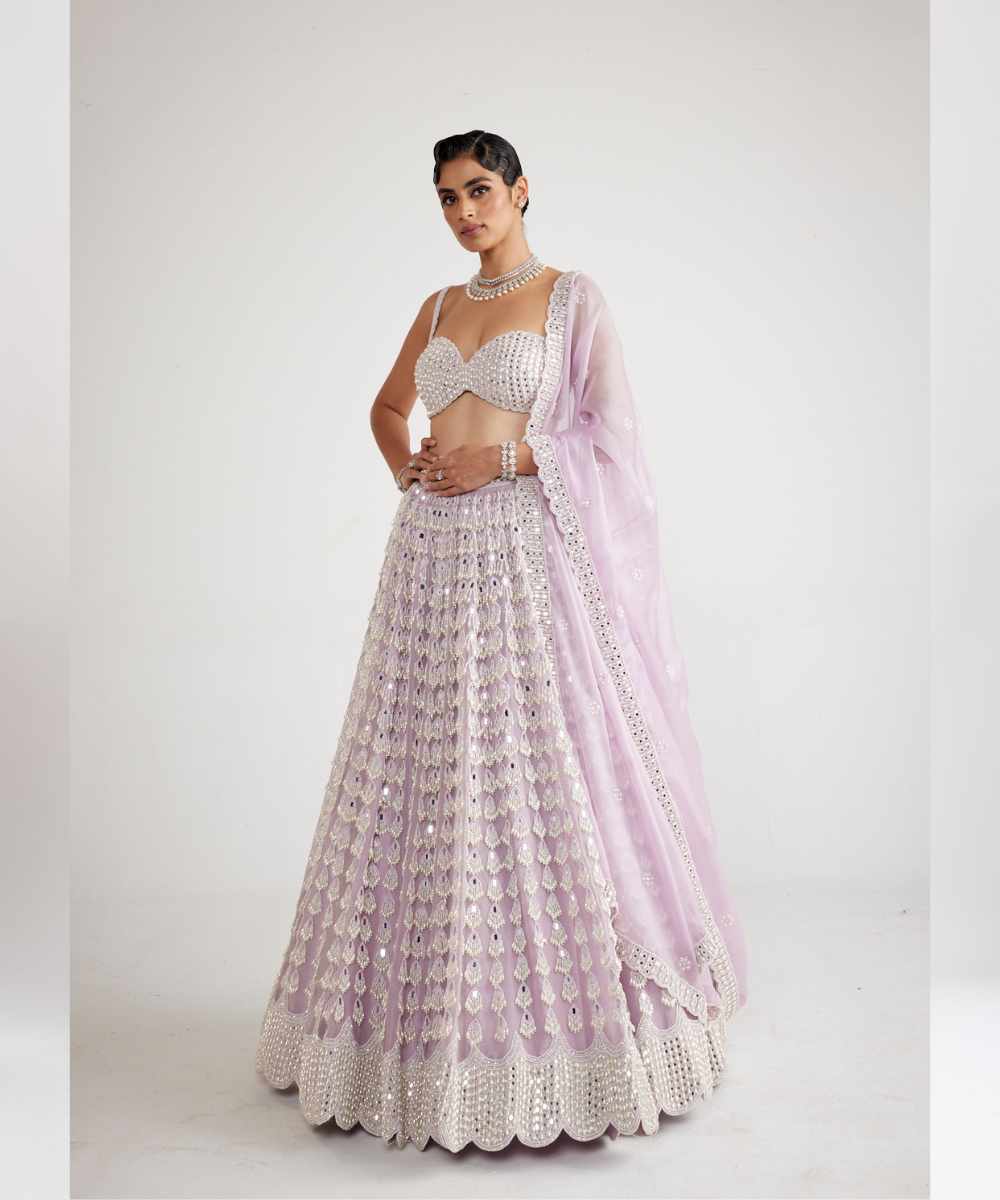 Powder Lilac Chandelier Pearl Drop Lehenga Set - Collection name Piroi by Vvani vats