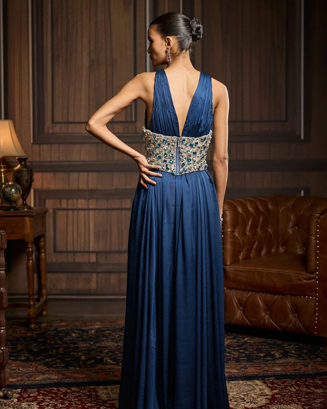 Diya Rajvvir - Heavy Embellished Corset Belt Styled With Midnight Blue Slit Dress from Taara