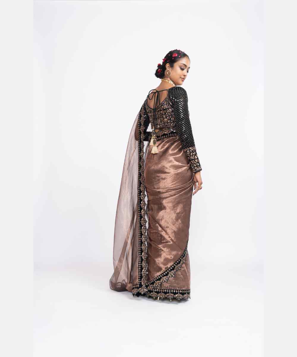 Deep green copper tissue saree set