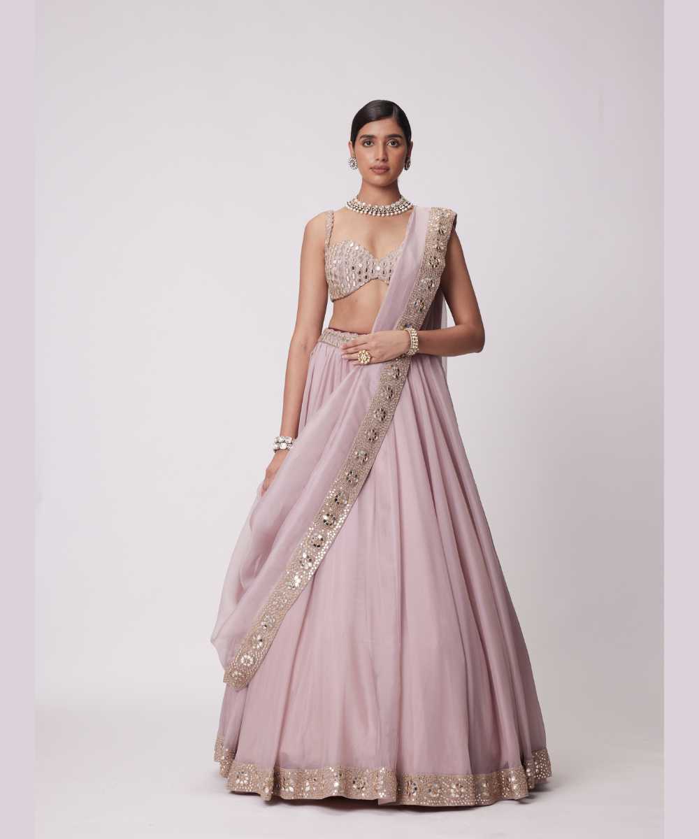 ASH PINK MIRROR HAND EMBROIDERED LEHENGA SET - Collection name Jugmug Bride by Vvani Vats