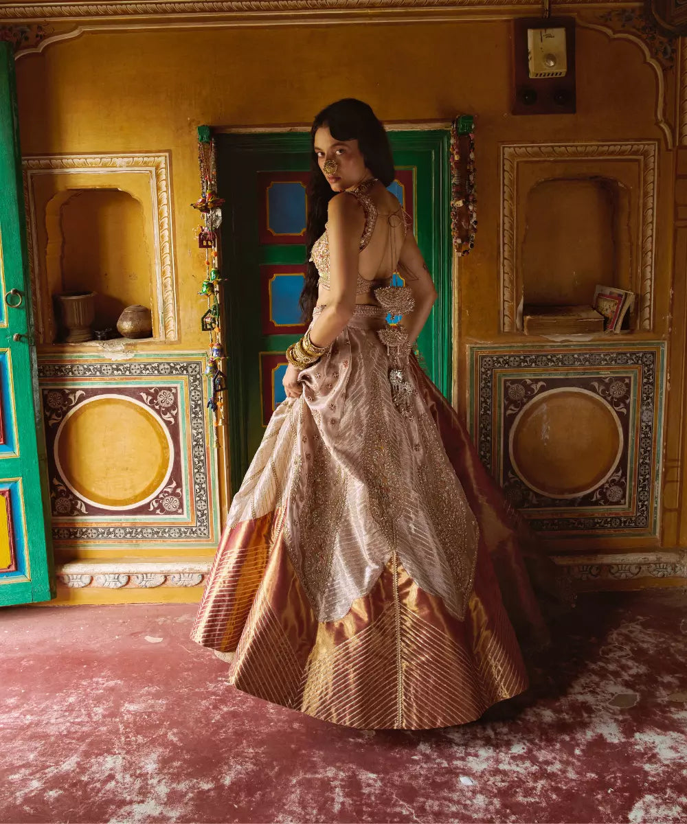 Aditi Gupta - Rose Gold pure zari tissue with rose pink tissue dupatta Lehenga Set