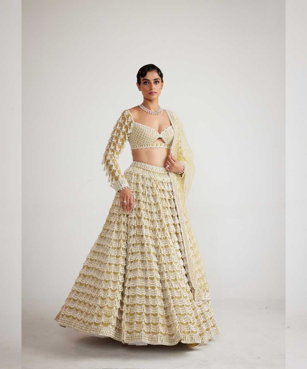 Fern Green Chandelier Pearl Drop Heavy Lehenga Set - Collection name Piroi by Vvani vats