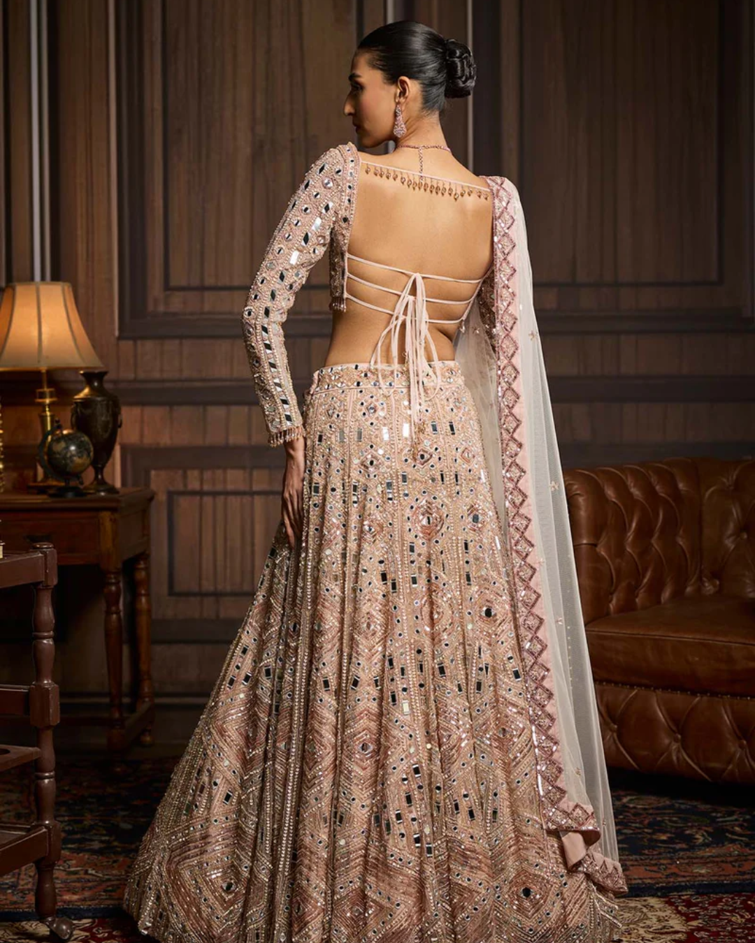 Diya Rajvvir - Blush Pink Embellished Mirrorwork Lehenga Set from Taara