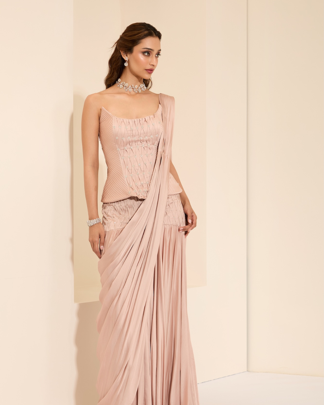 K&A by Karishma and Ashita - Silken Blush Corset & Drape