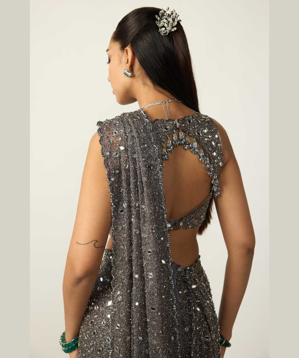 Metallic Grey Draped Saree Set