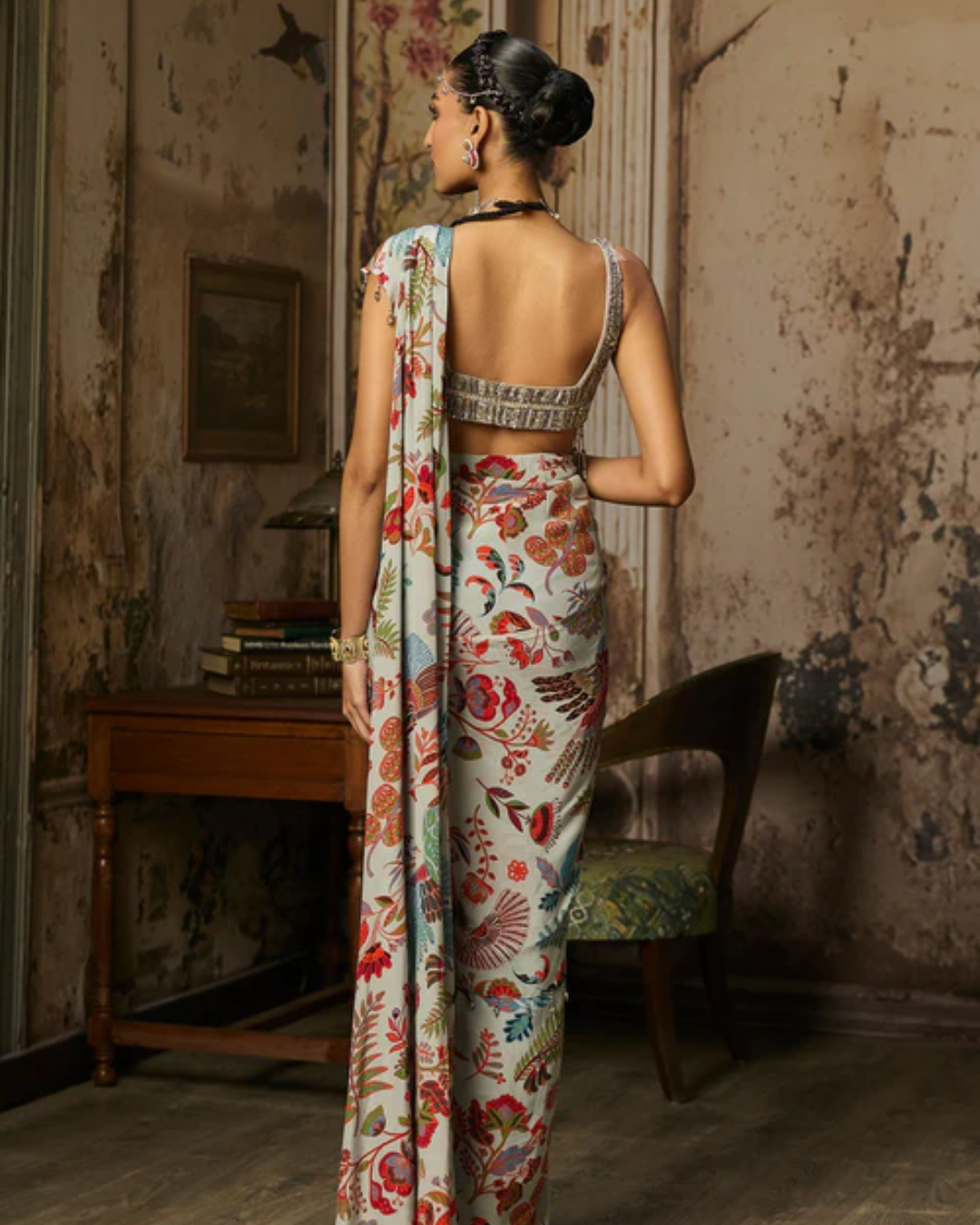 Diya Rajvvir - Slate Grey Embroidered Blouse With Dhoti Skirt Saree Set from Bahaar