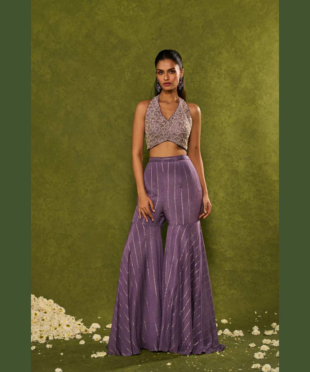 HUNAR DRAPE DUPATTA WITH PANTS - Dusty purple sharara paired with a delicately embroidered halter-neck blouse - Leher by Chamee and Palak