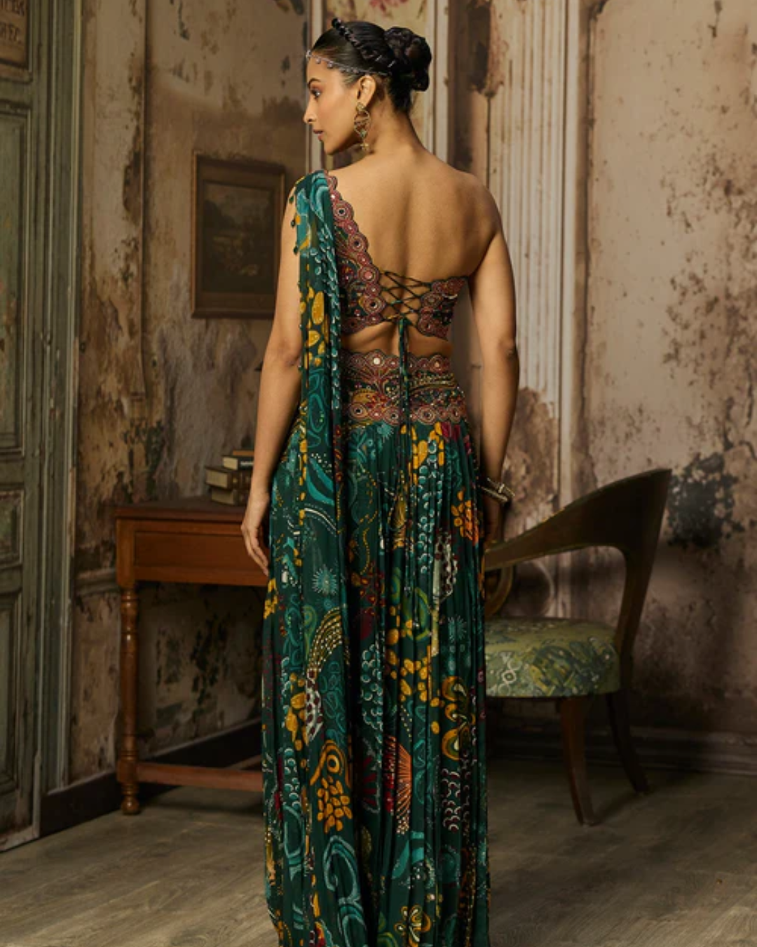Diya Rajvvir - Dark Green Print And Highlighted Pleated Pants Set from Bahaar