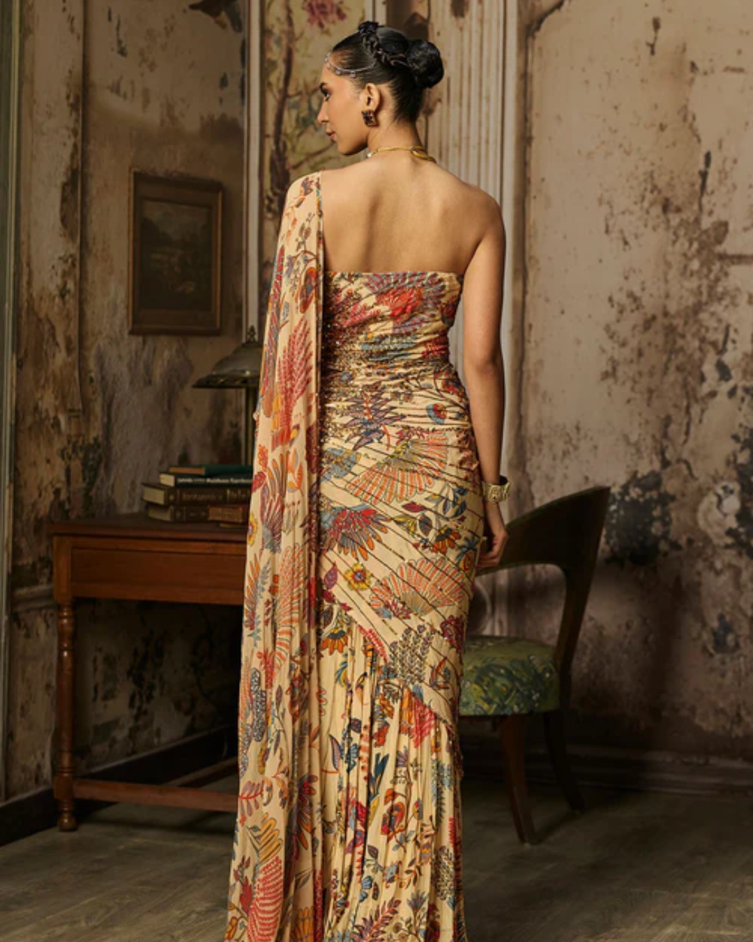 Diya Rajvvir - Beige Printed And Highlighted Drape Gown Saree from Bahaar