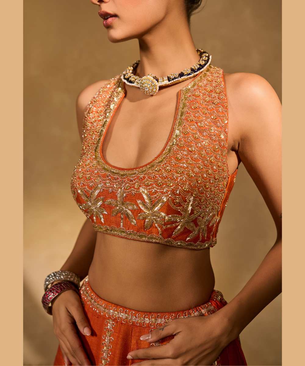 MAPLE LEHENGA - Raw silk lehenga with finely embroidered velvet palm appliqué in blue, maroon, green, and pink, highlighted with glass beads paired with a delicately embellished high-neck décolleté plunge blouse - Leher by Chamee and Palak