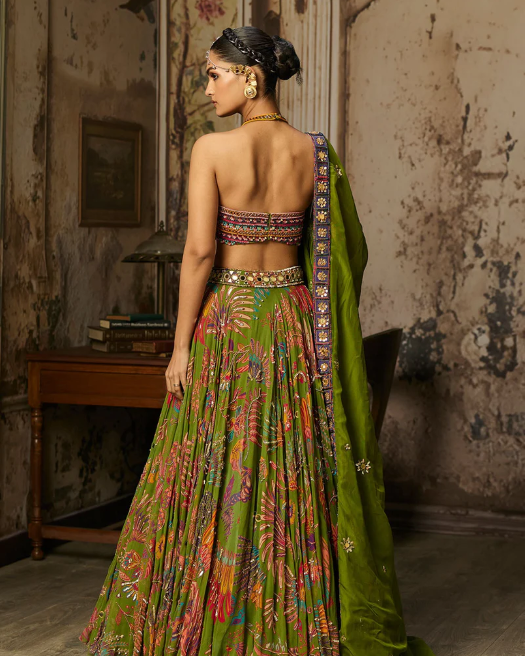 Diya Rajvvir - Colorful Embroidered Blouse With Pear Green Lehenga Set from Bahaar