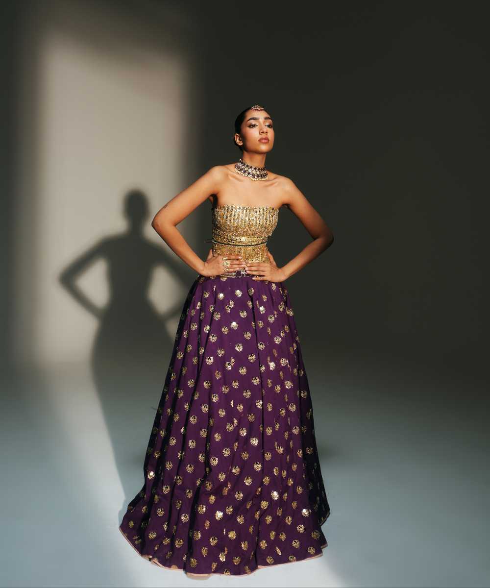 BINDIYA - HAND EMBROIERED BOOTI LEHENGA WITH GOLDEN CORSET AND DUPATTA- Mehfil by Mahima Mahajan