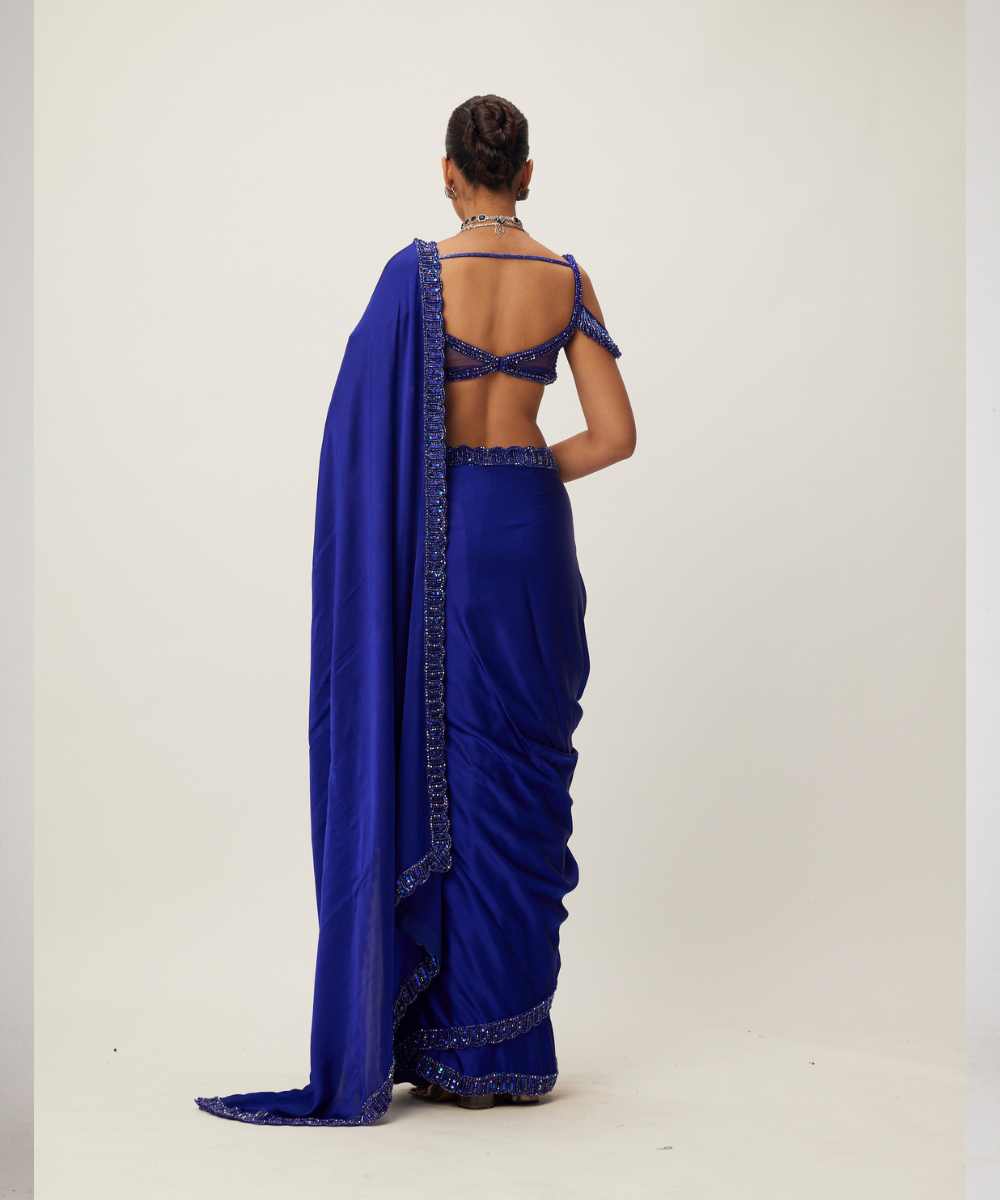 Cocktail Blue Satin Saree Set - Collection name Maya by Vvani Vats