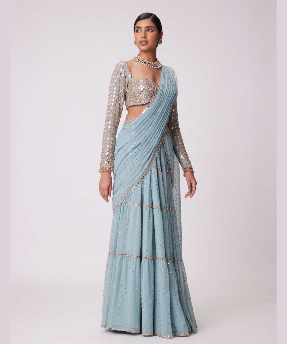 POWDER BLUE MULTI TIER HAND EMBROIDERED SAREE SET - Collection name Jugmug Bride by Vvani Vats