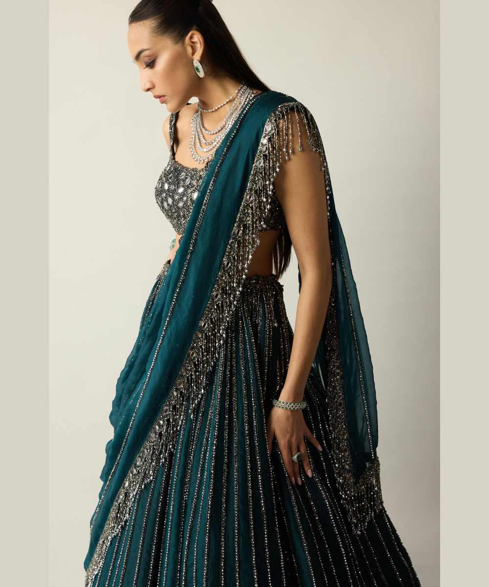 Dark Teal Linear Lehenga Set