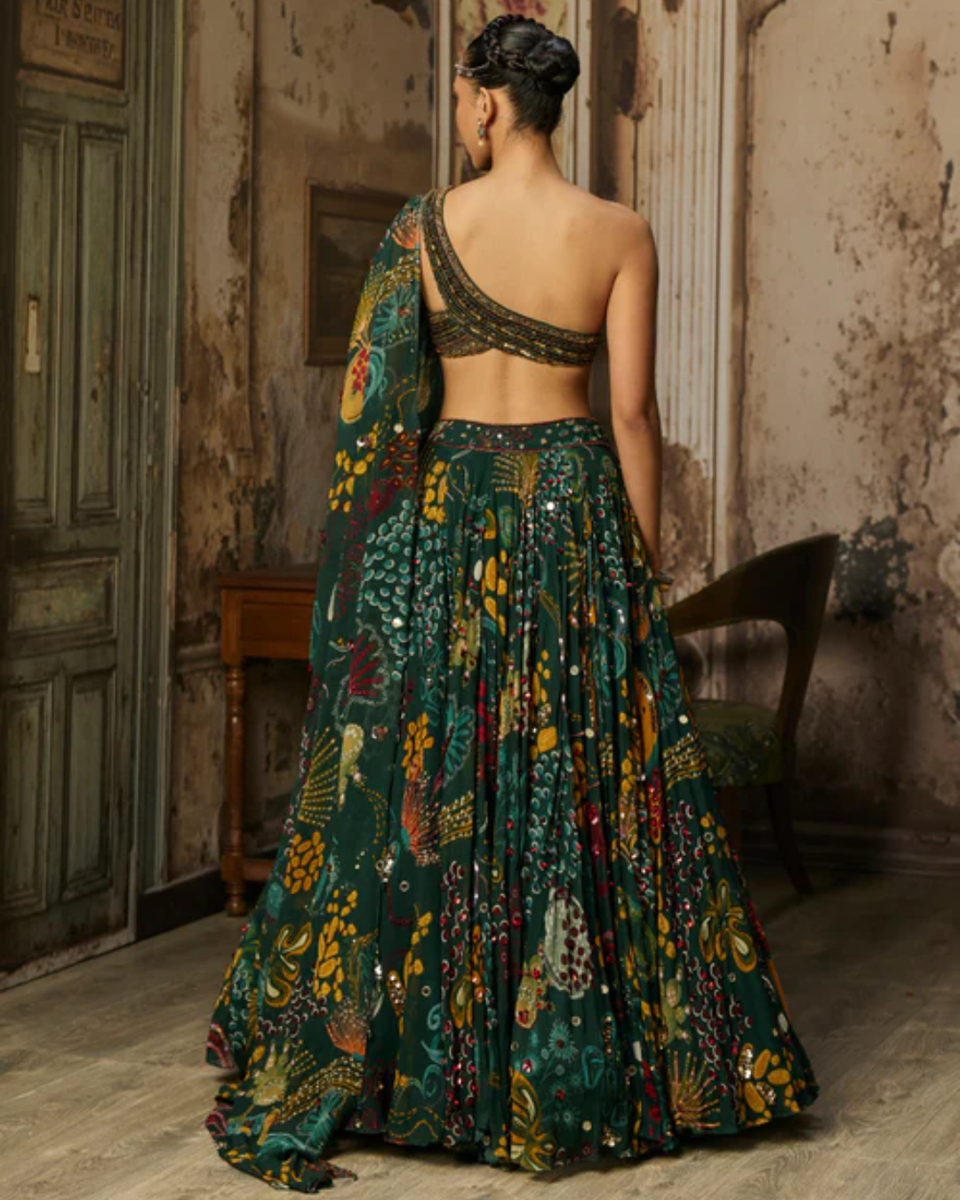 Diya Rajvvir - Dark Green Embellished Blouse With Printed And Highlighted Lehenga Set from Bahaar
