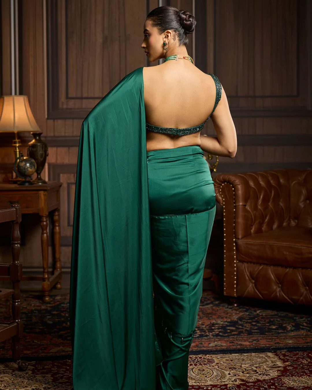 Diya Rajvvir - Emerald Green Embellished Blouse And Pre-Draped Dhoti Saree Set from Taara