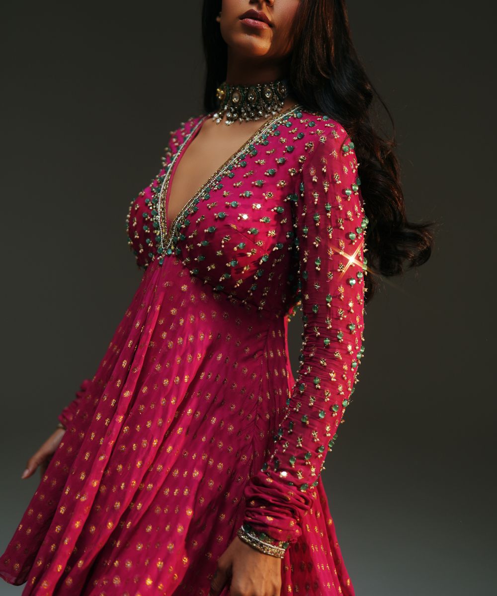 NIDHI - HAND EMBROIDERED RANI PINK SHORT KURTA AND SHARARA PAIRED WITH DUPATTA - Mehfil by Mahima Mahajan