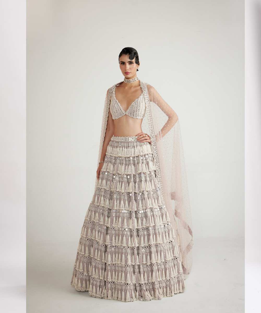 Ash Pink Chandelier Pearl Drop Lehenga Set - Collection name Piroi by Vvani vats
