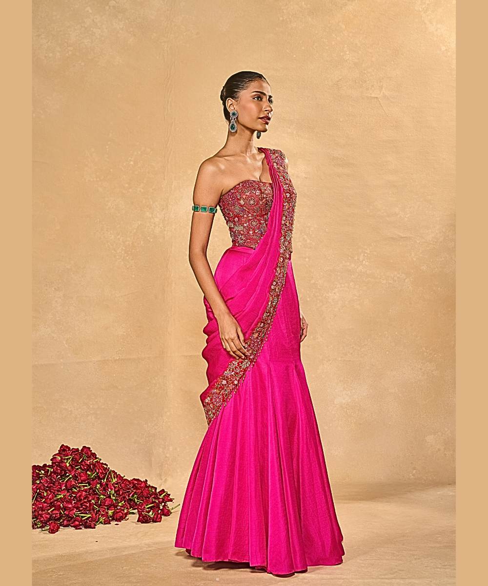 ARYA SAREE - Hot pink soft silk pre-draped saree paired with a red raw silk corset -  Leher by Chamee and Palak