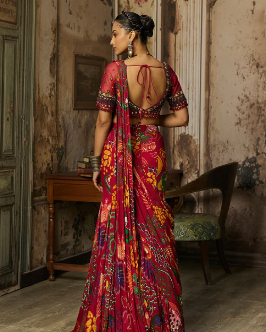 Diya Rajvvir - Deep Red Embroidered Blouse With Mermaid Skirt Saree Set from Bahaar