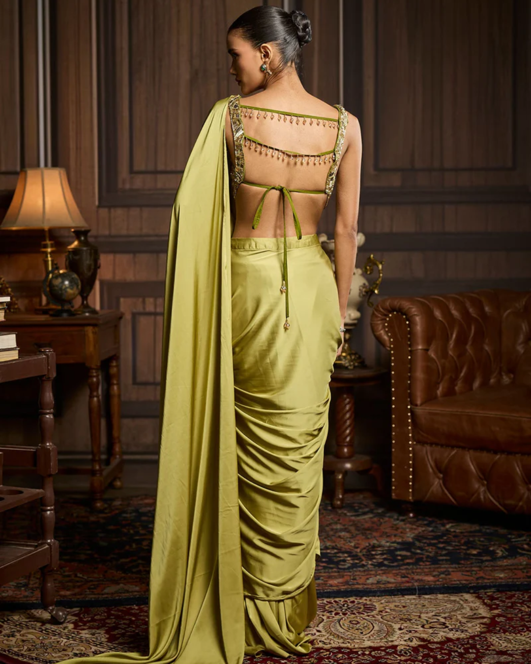Diya Rajvvir - Pear Green Embroidered Blouse And Pre Draped Saree Set from Taara