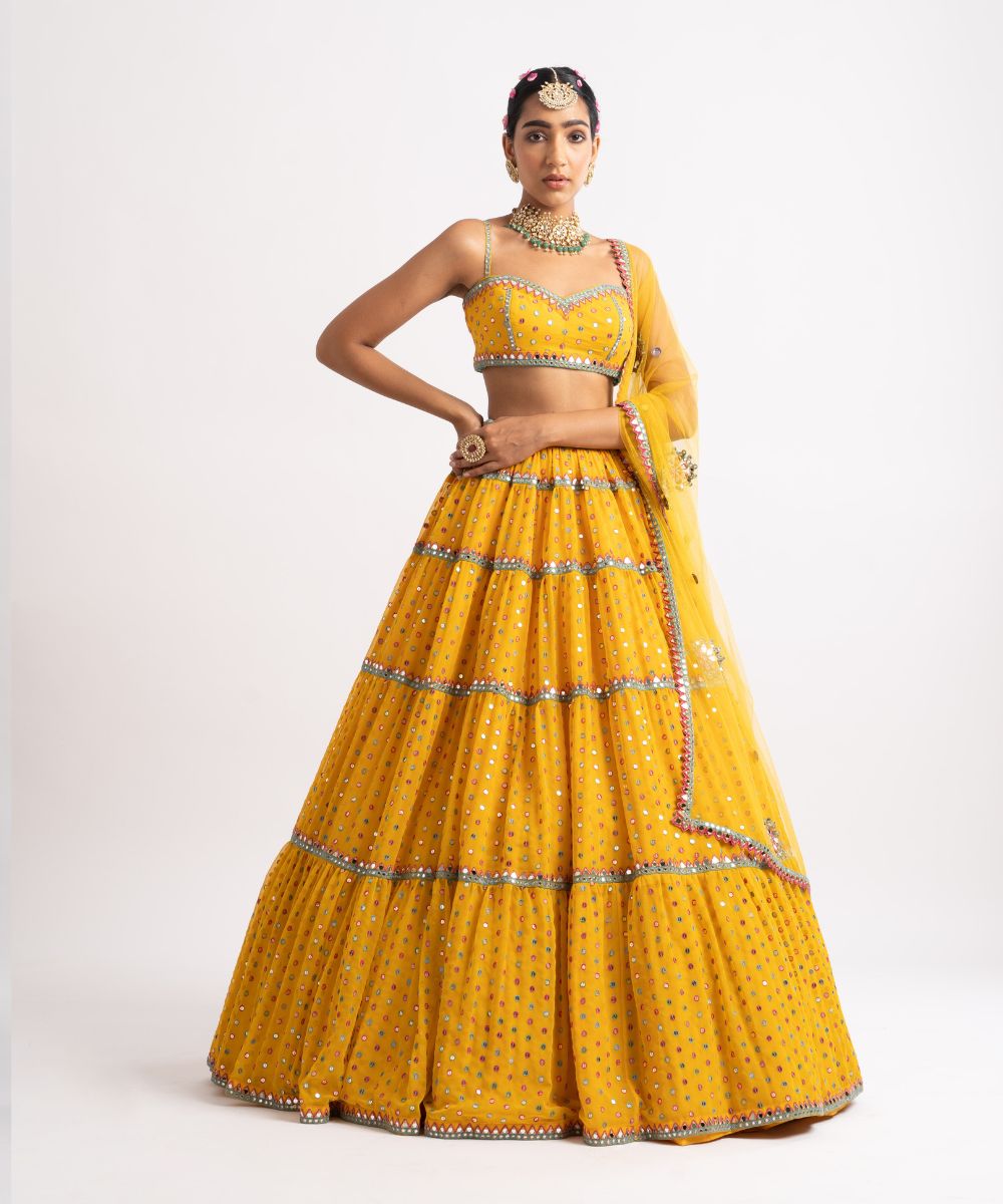 Yellow Noodle Strap Multi Tier Lehenga Set - Collection name Rang by Vvani vats