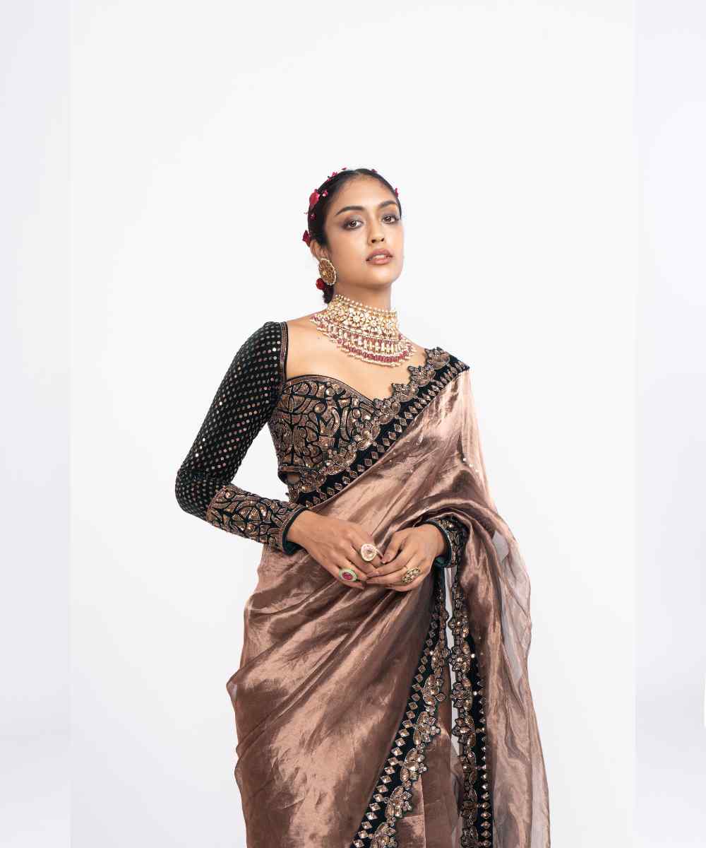 Deep green copper tissue lehenga set