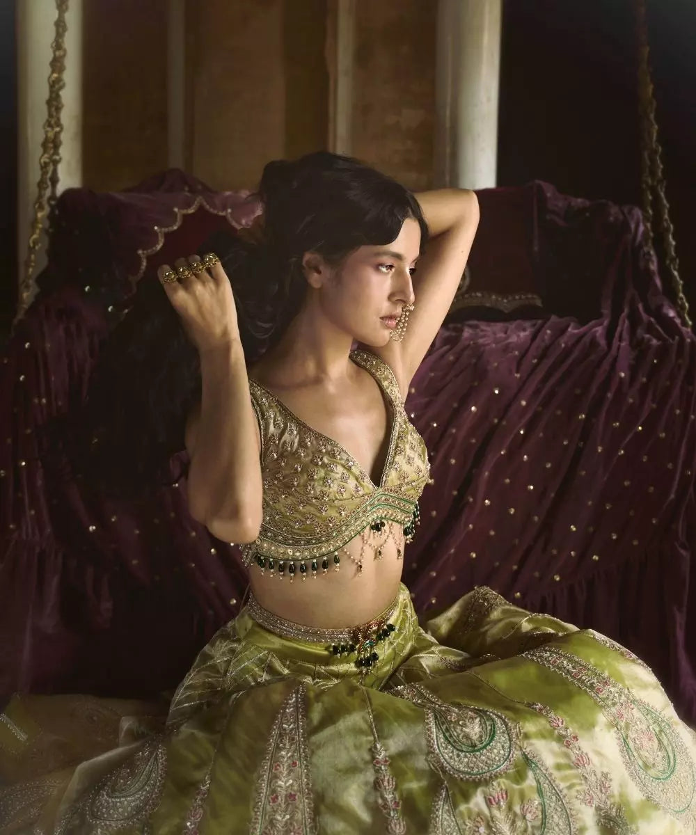 Aditi Gupta - Lemon Green Silk Zari tissue with Rose Pink tissue dupatta Lehenga Set