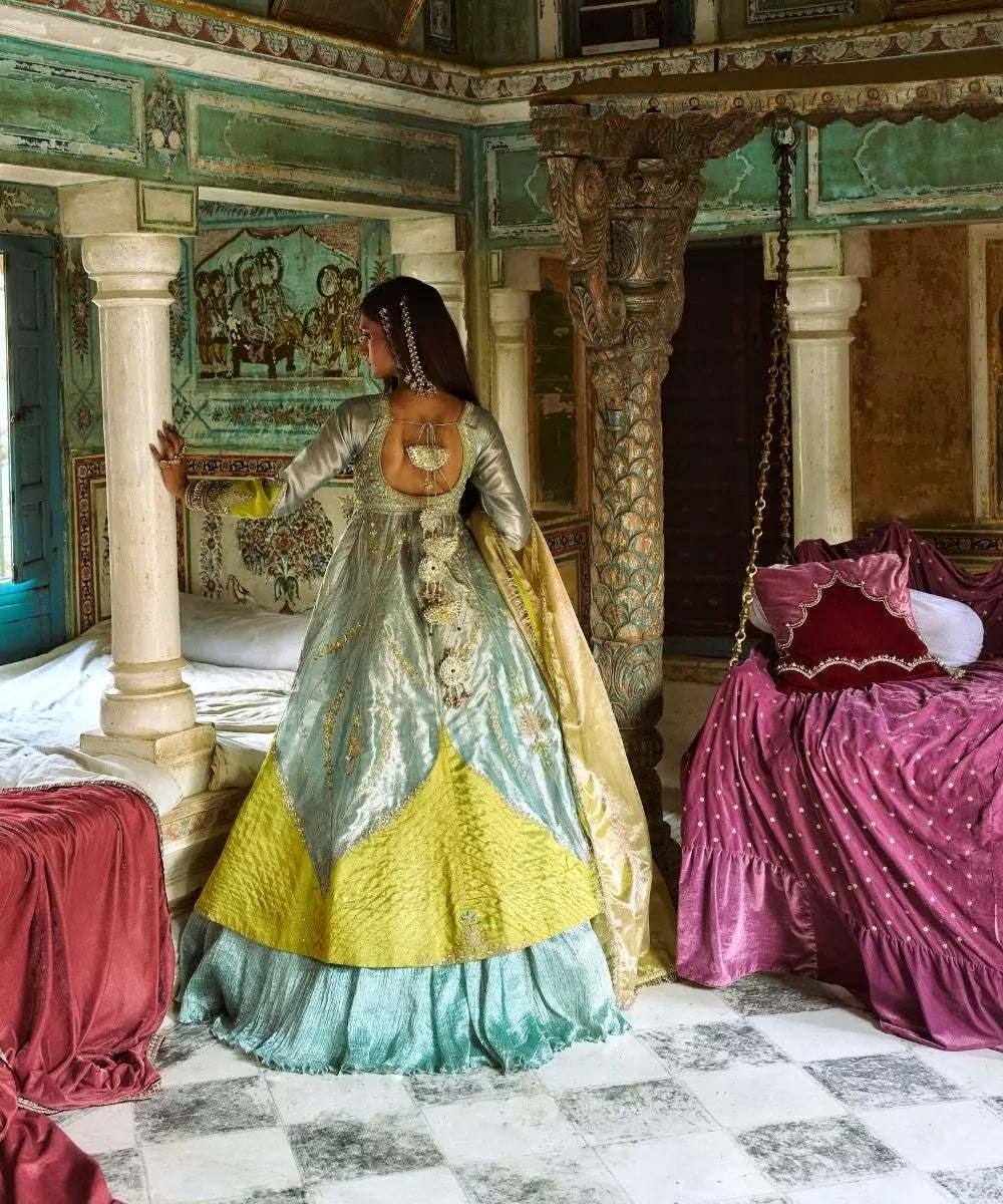 Aditi Gupta - Moonlight Blue  pure tissue Jacket with crushed Silk Skirt Set with tissue dupatta