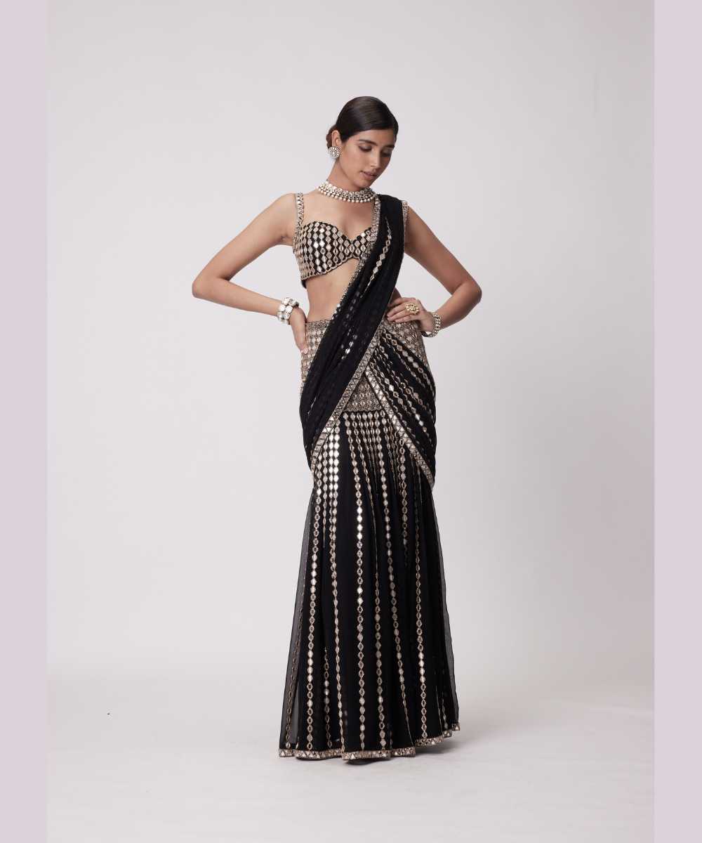 BLACK PRE DRAPED SAREE SET - Jugmug Bride by Vvani Vats
