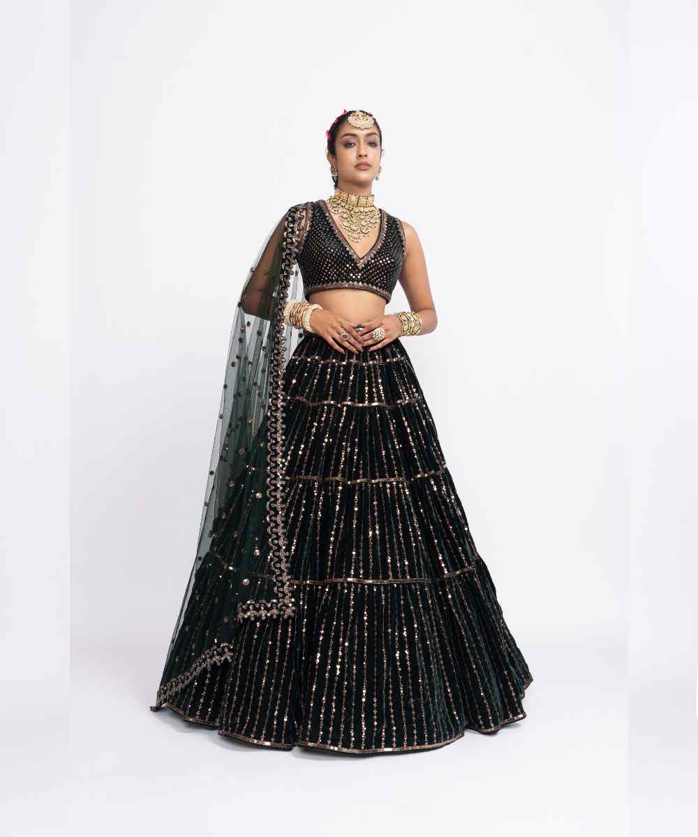 Deep green full tier lehenga set