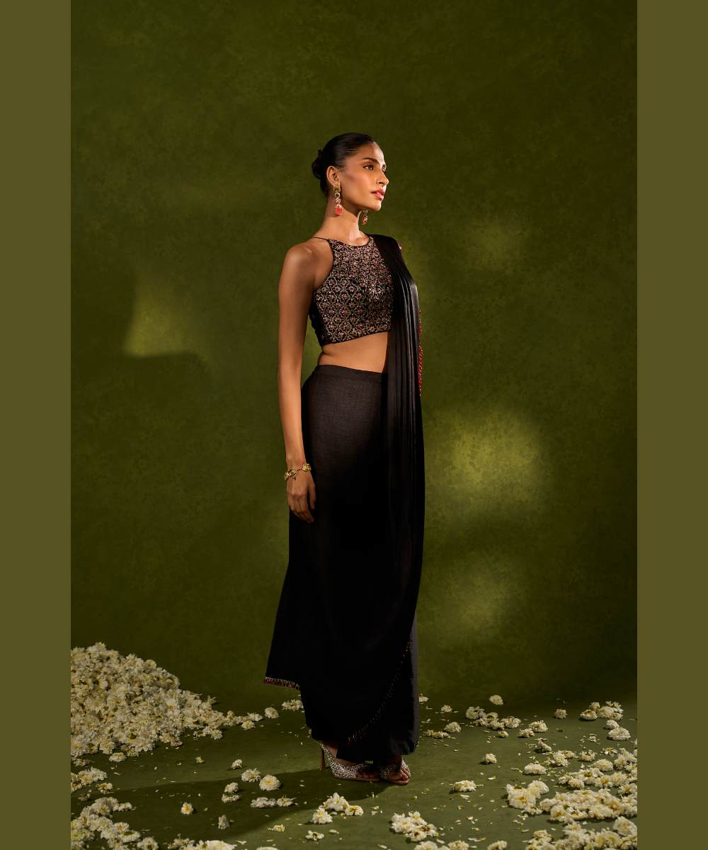AANYA SAREE - Soft silk dhoti saree paired with a delicately embroidered velvet halter neck blouse -  Leher by Chamee and Palak