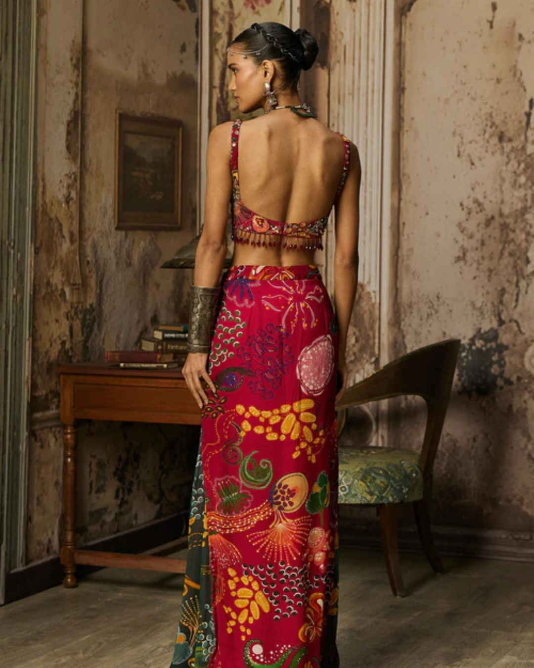 Diya Rajvvir - Deep Red Printed And Highlighted Skirt Set from Bahaar