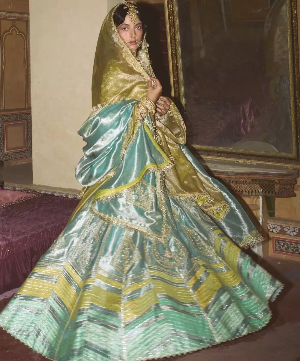 Aditi Gupta - Ice Blue  Silk Zari tissue with Olive Bloom tissue dupatta Lehenga Set