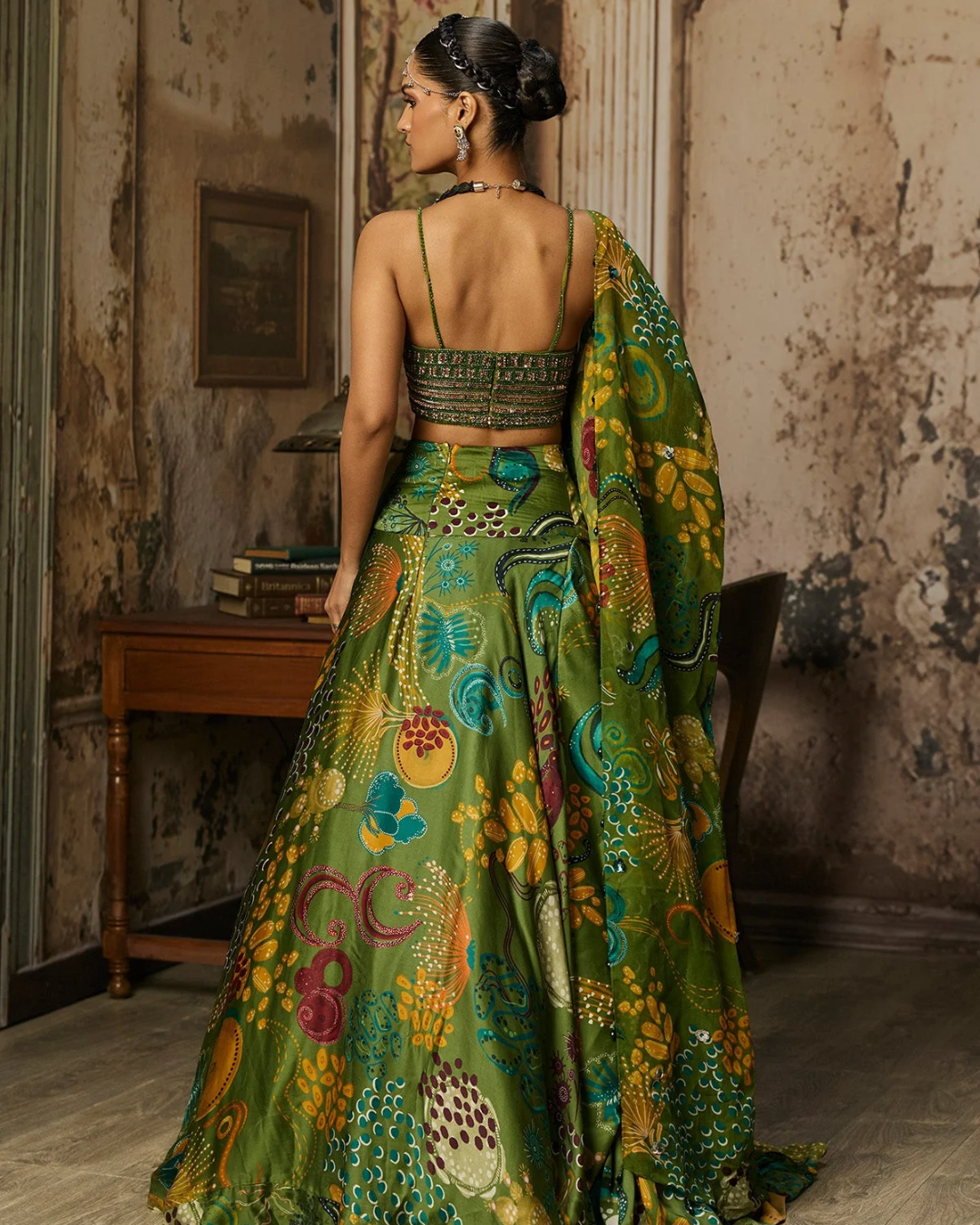 Diya Rajvvir - Pear Green Embroidered Blouse And Cowl Skirt Set from Bahaar