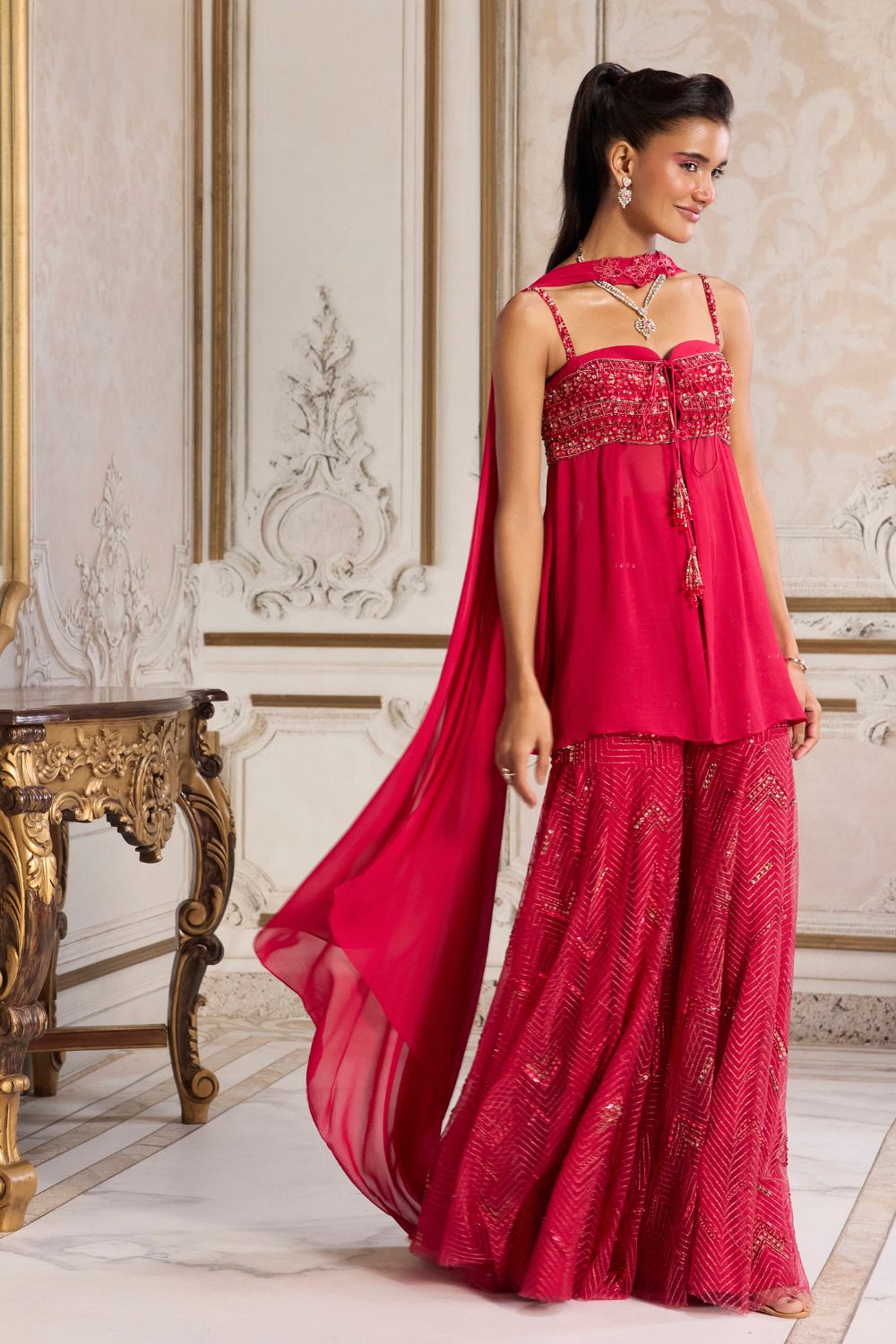 Sanya Gulati - Magenta Flowy Peplum With Sharara Set from Param Sundari