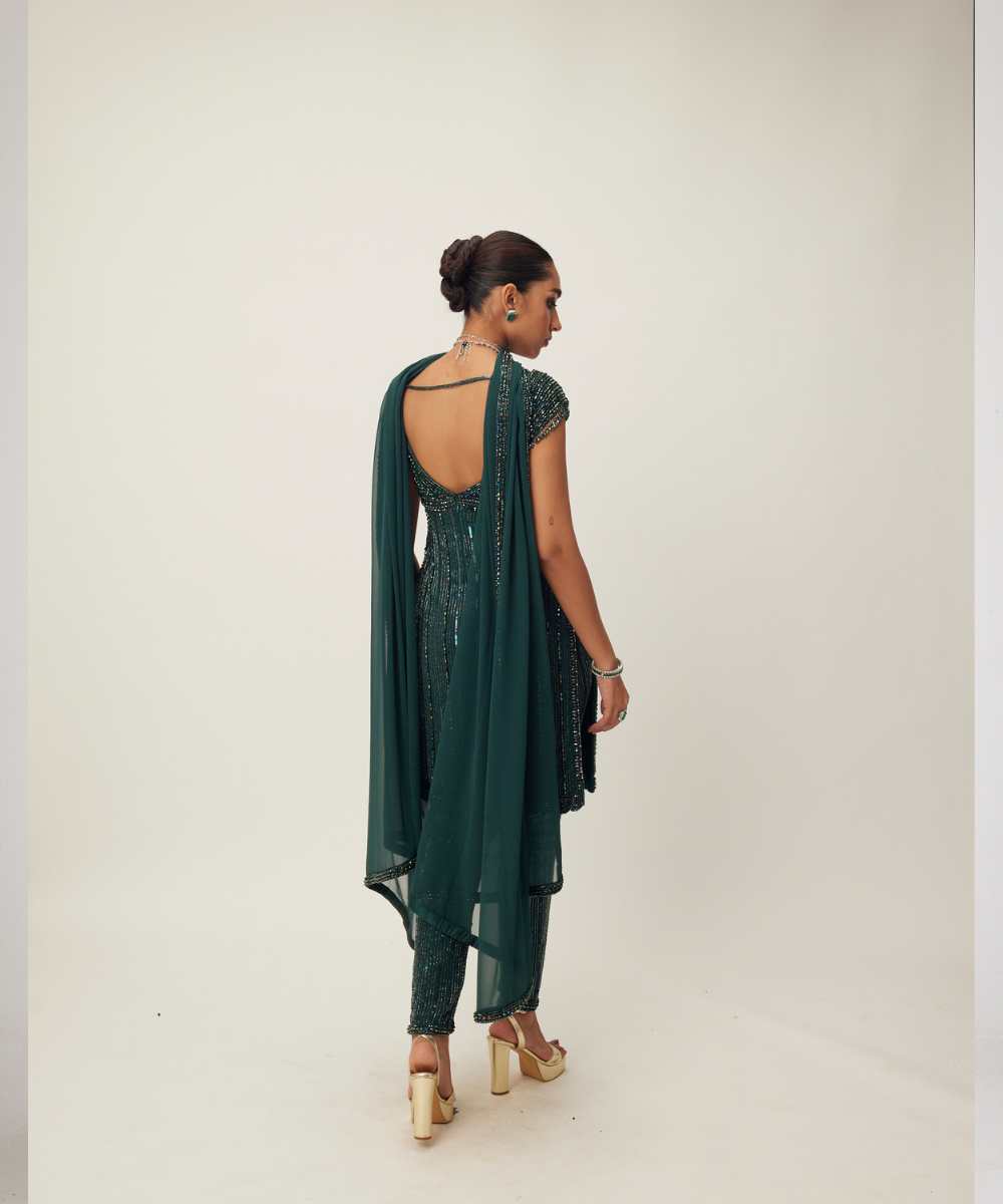 Dark Jade Green crystal Embellished Kurta Set - Collection name Maya by Vvani Vats