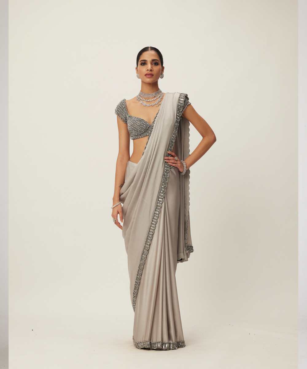 Crystal Grey Satin Saree Set - Collection name Maya by Vvani Vats