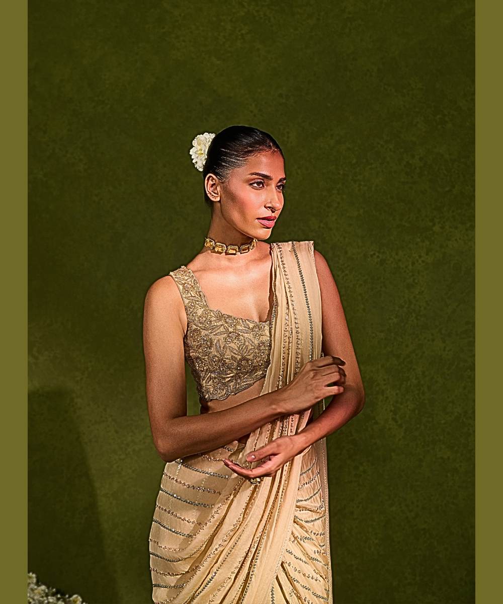 AALIYAH SAREE - Organza pre-draped saree embellished with glassbeads - Leher by Chamee and Palak