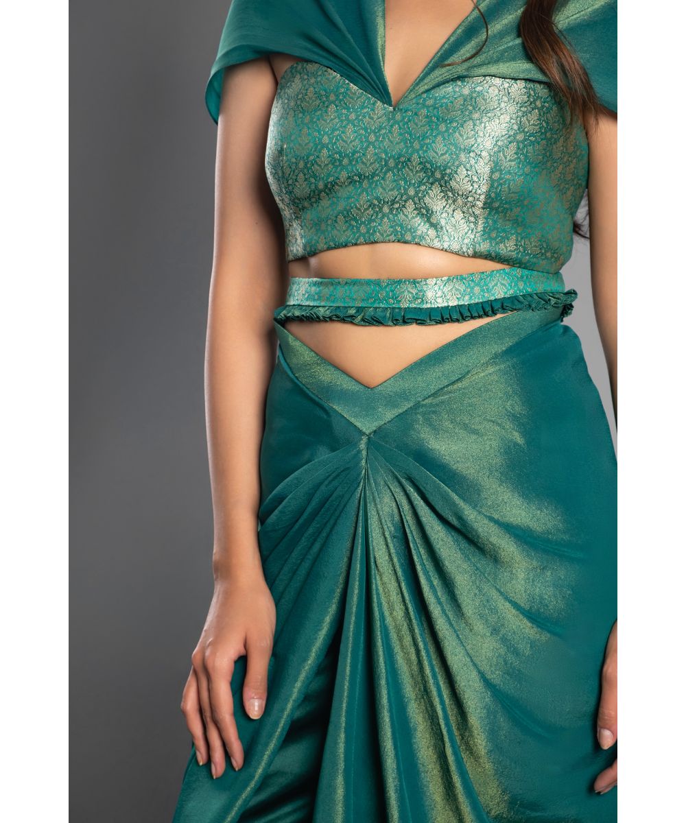 Emerald green Skirt set Draped off shoulder Brocade Blouse