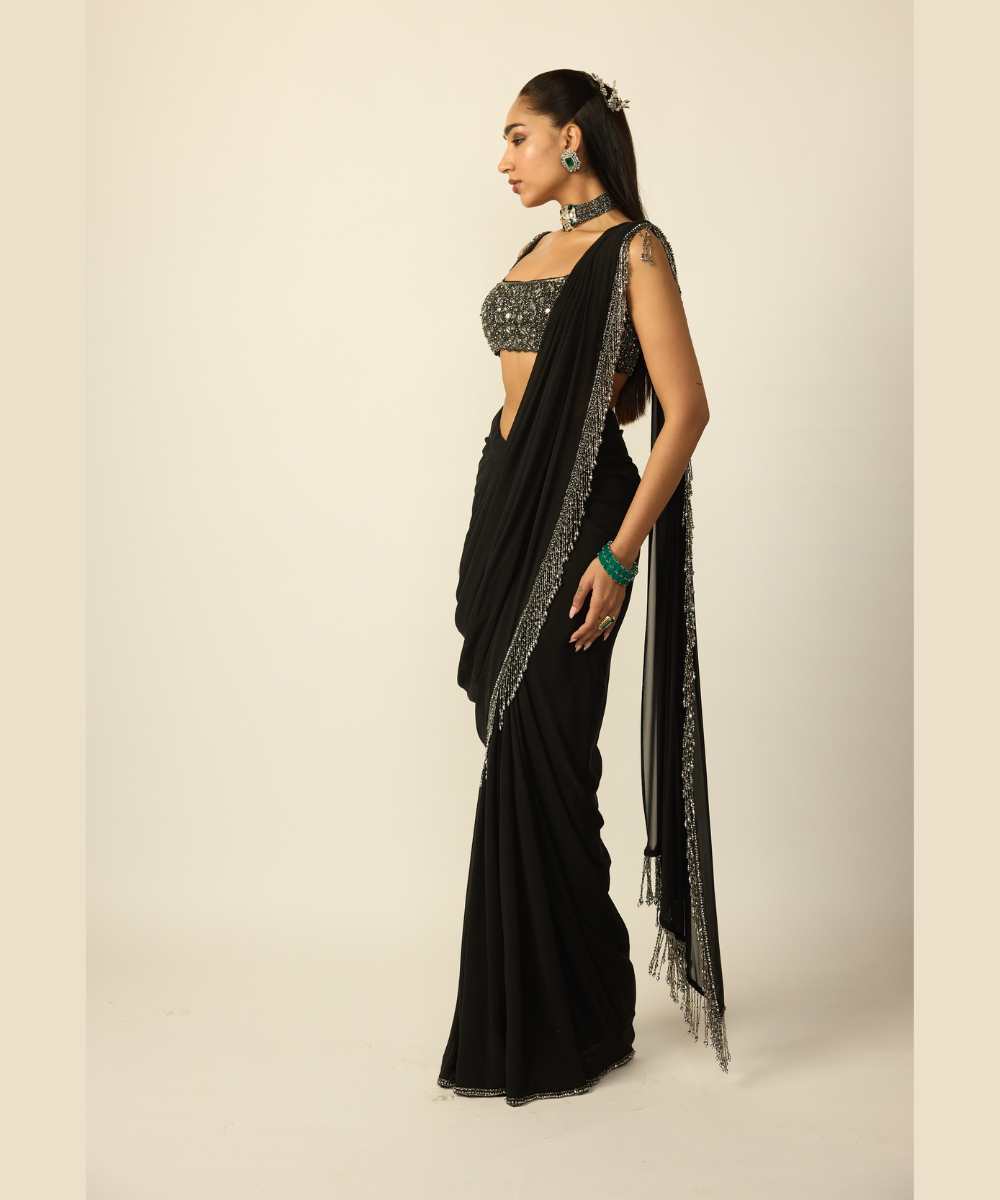 Black Georgette Tassel Saree