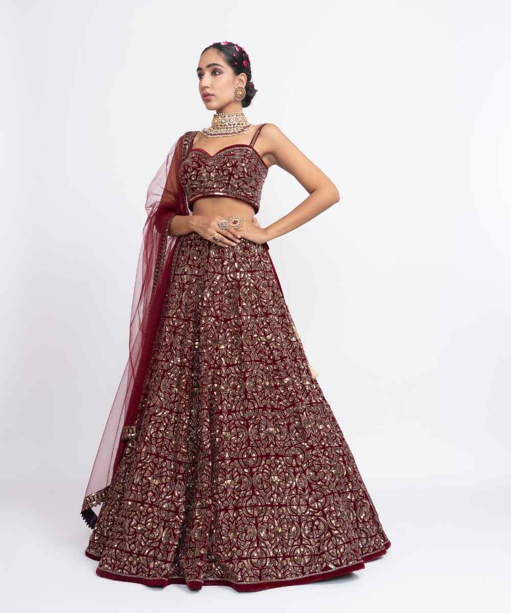 Maroon fully embroidered corset lehenga set
