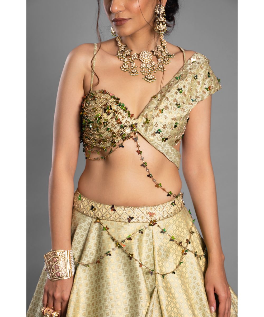 Lime Green Brocade Lehenga Asymmetrical Drape Blouse