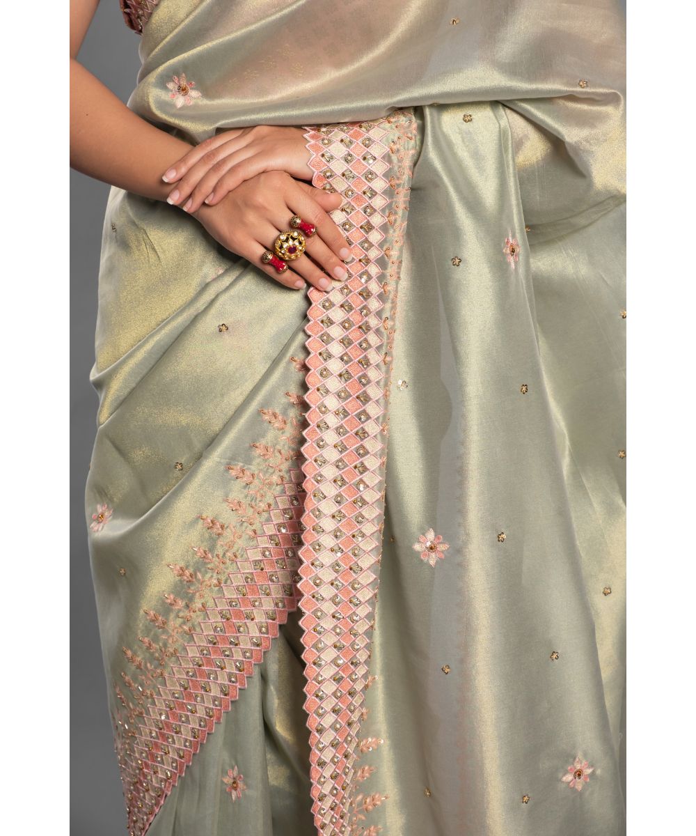 Leaf green Saree with peach Floral Geometric Scallop